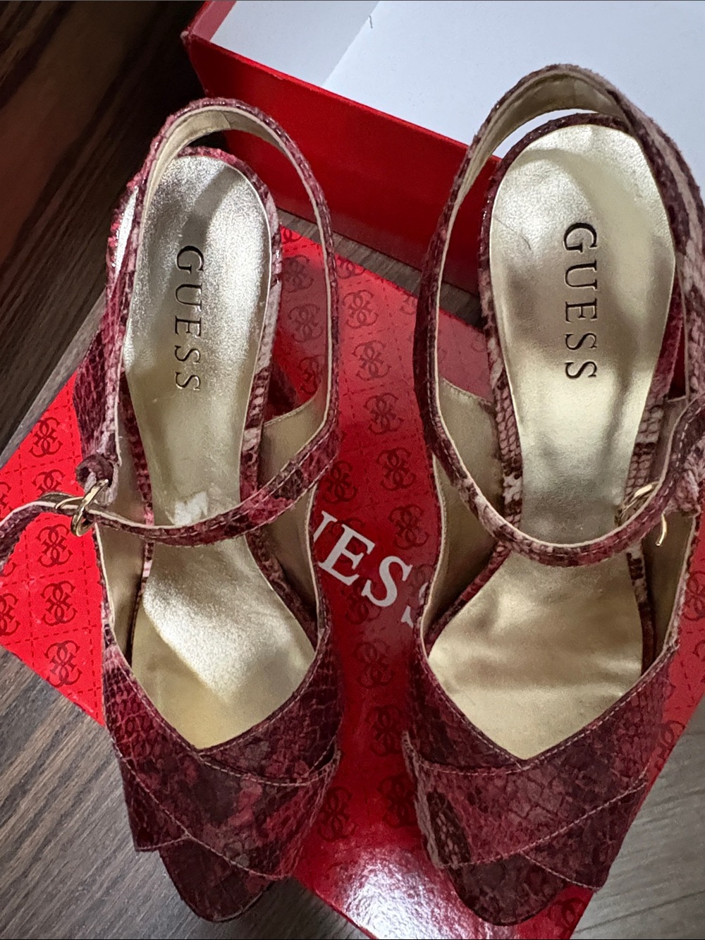 GUESS Burgundy Snake-Print Slingback Wedge Heels